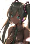  1girl akino_coto aqua_eyes aqua_hair aqua_neckwear backlighting bangs blush closed_mouth commentary detached_sleeves expressionless hands_on_own_chest hatsune_miku headset highres long_hair necktie sleeveless smile solo tears twintails upper_body vocaloid 