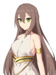  1girl adele_(fate) armlet bangs bare_shoulders breasts brown_hair closed_mouth dress elfenlied22 fate_(series) green_eyes hair_between_eyes highres long_hair looking_at_viewer medium_breasts simple_background smile solo white_background white_dress 