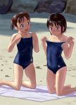  2girls arena_(company) blue_swimsuit brown_eyes brown_hair collarbone commentary_request competition_school_swimsuit full_body hair_bobbles hair_ornament kneeling logo mu-pyon multiple_girls original rock sand school_swimsuit short_hair smile swimsuit swimsuit_pull towel twintails 