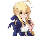 1girl ahoge artoria_pendragon_(all) bangs blonde_hair breasts commentary_request dress drinking eyebrows_visible_through_hair fate/grand_order fate_(series) fujitaka_nasu green_eyes hair_between_eyes hair_ribbon holding ribbon saber simple_background small_breasts solo weapon white_background 