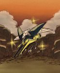  claws clouds cloudy_sky commentary_request creature flying full_body gen_7_pokemon looking_at_viewer no_humans outdoors pokemon pokemon_(creature) shiwo_(siwosi) sky solo sparkle vikavolt yellow_eyes 