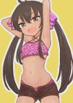  1girl animal_print armpits arms_behind_head arms_up bikini black_hair child commentary hair_between_eyes highres idolmaster idolmaster_cinderella_girls leopard_print long_hair looking_at_viewer matoba_risa navel necklace omodaka_(nitera1041) open_mouth panties panty_peek short_shorts shorts simple_background solo swimsuit tan thighs twintails unbuttoned_shorts underwear yellow_background 