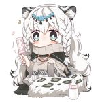  /\/\/\ 1girl animal_ear_fluff animal_ears arknights artist_name baby_bottle bangs beamed_eighth_notes black_cape blush bottle braid cape chibi commentary dress eyebrows_visible_through_hair grey_dress grey_eyes hair_between_eyes holding lemon_raimu leopard_ears leopard_tail long_hair long_sleeves musical_note pramanix_(arknights) rattle silver_hair simple_background sitting solo tail turtleneck_dress twin_braids twitter_username very_long_hair white_background 
