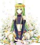  1other bangs bare_shoulders barefoot black_gloves bug butterfly closed_mouth collar ede elbow_gloves enkidu_(fate/strange_fake) eyebrows_visible_through_hair fate/grand_order fate_(series) flower gloves green_eyes green_hair hair_between_eyes hair_flower hair_ornament highres insect jewelry long_hair looking_to_the_side navel pants plant simple_background sitting sleeveless smile solo stomach very_long_hair white_background white_butterfly white_flower white_pants yellow_flower 