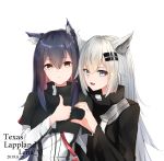  2girls animal_ear_fluff animal_ears arknights artist_name black_capelet black_coat black_hair breasts capelet character_name closed_mouth coat dated ear_piercing earrings eyebrows_visible_through_hair fang grey_eyes hair_between_eyes hair_ornament heart heart_hands heart_hands_duo highres jacket jewelry lappland_(arknights) leria_v long_hair long_sleeves looking_at_viewer medium_breasts multiple_girls open_mouth piercing side-by-side silver_hair simple_background slit_pupils smile sparkle texas_(arknights) thumbs_up upper_body white_background white_jacket wolf_ears yellow_eyes 
