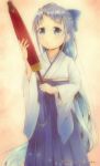  1girl anchor asakaze_(kantai_collection) asakaze_(kantai_collection)_(cosplay) blue_eyes blue_hair blue_hakama blue_kimono blue_ribbon commentary cosplay furisode hair_ribbon hakama highres holding holding_umbrella japanese_clothes kantai_collection kimono long_hair mae_(maesanpicture) meiji_schoolgirl_uniform oriental_umbrella ribbon samidare_(kantai_collection) smile solo twitter_username umbrella 