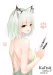  1girl animal_ear_fluff animal_ears arknights artist_name back backless_dress backless_outfit breasts cat_ears character_name chinese_commentary dated dress eyebrows_visible_through_hair fang green_dress green_eyes highres kal&#039;tsit leria_v looking_at_viewer looking_back medium_breasts medium_hair open_mouth paw_print sideboob silver_hair simple_background sleeveless solo spaghetti_strap straight_hair syringe upper_body white_background 
