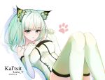  1girl animal_ear_fluff animal_ears arknights artist_name bare_shoulders blush breasts cat_ears character_name chinese_commentary dated dress elbow_gloves eyebrows_visible_through_hair fang gloves green_dress green_eyes green_gloves green_hair green_legwear hand_on_own_chest kal&#039;tsit large_breasts leria_v looking_at_viewer lying off-shoulder_dress off_shoulder on_back open_mouth parted_lips short_hair silhouette solo thigh-highs thighs 