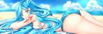  2017 ass bangs bikini bikini_bottom bikini_top blue_bikini blue_hair blue_sky blurry blurry_background blush closed_mouth clouds dana_(ys) dated day green_eyes hair_ornament long_hair looking_at_viewer lying mussyu_danachan ocean on_stomach outdoors parted_bangs shiny shiny_hair signature sky smile swimsuit very_long_hair white_bikini ys ys_viii_lacrimosa_of_dana 