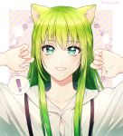  ! 1boy absurdres androgynous animal_ears bangs cat_ears collarbone ede enkidu_(fate/strange_fake) eyebrows_visible_through_hair fate/strange_fake fate_(series) green_eyes green_hair grin hair_between_eyes highres long_hair looking_at_viewer otoko_no_ko shiny shiny_hair shirt smile solo speech_bubble straight_hair suspenders upper_body white_shirt 