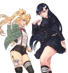  2girls absurdres asymmetrical_legwear bangs black_hair black_jacket black_legwear black_shorts black_skirt blazer blonde_hair blue_eyes boots bow bowtie breasts burn_the_witch collared_shirt diegodraws dress_shirt green_eyes green_jacket hair_between_eyes hair_ornament highres jacket kneehighs large_breasts long_hair long_sleeves looking_at_viewer miniskirt multiple_girls niihashi_noel nini_spangle open_clothes open_jacket open_mouth pleated_skirt red_bow school_uniform shirt short_shorts shorts simple_background single_thigh_boot single_thighhigh skindentation skirt suspender_shorts suspenders thigh-highs thigh_boots thigh_strap twintails very_long_hair wand white_background white_shirt 