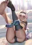  1girl arm_support ass bikini black_bikini black_hairband black_legwear blue_eyes blue_shorts blush breasts caenis_(fate) commentary_request copyright_name couch covered_nipples dark_skin denim denim_shorts eyebrows_visible_through_hair fate/grand_order fate_(series) frown full_body hairband indoors large_breasts long_hair looking_at_viewer lying nail_polish on_back open_mouth pink_lips shorts shorts_removed single_thighhigh skindentation swimsuit thigh-highs thighs toes torn_clothes torn_legwear very_long_hair white_hair white_nails yoshimoto_(dear_life) 