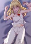  blonde_hair bloomers blush camisole commentary_request eyebrows_visible_through_hair highres kirisame_marisa long_hair looking_at_viewer lying midriff mukkushi navel on_back on_bed open_mouth pov solo_focus spaghetti_strap strap_slip tears touhou underwear wrist_grab yellow_eyes 