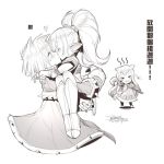  &gt;_&lt; 1boy 2girls animal_ears armor blush carrying chinese_text closed_eyes ejami greyscale heart hug jealous kiss league_of_legends long_hair lulu_(league_of_legends) monochrome multiple_girls open_mouth pointy_ears poppy princess_carry signature simple_background spikes staff tears twintails veigar white_background yordle 