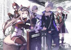  2boys 3girls adnachiel_(arknights) animal_ears ansel_(arknights) arknights cardigan_(arknights) cat_ears clipboard dog_ears melantha_(arknights) multiple_boys multiple_girls outdoors pink_eyes pink_hair redhead shield sitting steward_(arknights) vhumiku white_hair 