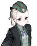  1girl black_eyes black_jacket blonde_hair blue_neckwear closed_mouth collared_shirt garrison_cap girls_frontline green_headwear green_jacket green_shirt hat jacket looking_at_viewer open_clothes open_jacket rampart1028 ribbon serdyukov_(girls_frontline) shirt simple_background solo upper_body white_background 