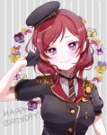  1girl 299_(horisso) absurdres black_gloves black_neckwear commentary_request epaulettes flower gloves grey_background hair_tucking half_gloves happy_birthday hat highres jewelry looking_at_viewer love_live! love_live!_school_idol_project nishikino_maki redhead short_hair short_sleeves smile solo striped striped_background striped_neckwear upper_body vertical_stripes violet_eyes 