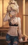  1girl bangs bare_shoulders bead_bracelet beads black_bra black_panties blue_pants bra bracelet braid breasts closed_mouth collarbone denim fate/apocrypha fate_(series) french_braid green_eyes hair_ornament hair_scrunchie highres jeans jewelry long_hair looking_at_viewer mordred_(fate) mordred_(fate)_(all) navel necklace open_fly panties pants parted_bangs pendant ponytail red_scrunchie revision scrunchie sidelocks small_breasts solo tonee torn_clothes torn_pants underwear 