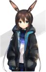  1girl amiya_(arknights) animal_ears arknights black_jacket black_legwear blue_eyes blue_neckwear blue_skirt brown_hair closed_mouth commentary cowboy_shot expressionless eyebrows_visible_through_hair hair_between_eyes hands_in_pockets highres hood hooded_jacket jacket jewelry long_hair looking_at_viewer miniskirt neck_ring neckerchief open_clothes open_jacket pantyhose plaid plaid_skirt pur_can rabbit_ears ribbed_sweater simple_background skirt solo sweater twintails twitter_username white_background white_sweater 