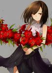 1girl absurdres black_skirt brown_eyes brown_hair closed_mouth fingernails flower grey_background highres holding looking_at_viewer medium_hair original red_flower simple_background skirt sleeveless smile sogawa solo standing 