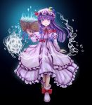  1girl aura bangs blue_bow book bow coat dress full_body fuwatoro_(enemy-of-society) grimoire hair_bow hat highres holding holding_book hydrokinesis long_hair looking_at_viewer mob_cap neck_ribbon overcoat patchouli_knowledge purple_dress purple_hair purple_headwear red_bow red_neckwear ribbon shoe_bow shoes solo striped striped_dress touhou violet_eyes water 