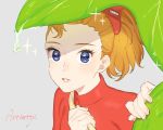  1girl arrietty brown_hair dress honoboooono karigurashi_no_arrietty leaf looking_at_viewer minigirl open_mouth ponytail short_hair simple_background solo 