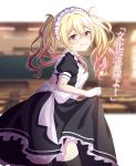  1girl absurdres alternate_costume apron bangs black_dress black_legwear blonde_hair blush breasts closed_mouth commentary_request dress enmaided frills gradient_hair hair_between_eyes highres long_hair looking_at_viewer maid maid_apron maid_headdress multicolored_hair pink_eyes pink_hair project_sekai puffy_sleeves short_sleeves skirt_hold smile solo suzu_(ng3mg) tenma_saki thigh-highs translation_request twintails white_apron 