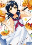  1girl :q absurdres black_hair blue_sailor_collar blueberry blush closed_mouth crepe dress dutch_angle food fork fruit highres holding holding_fork licking_lips neckerchief original plate red_neckwear sailor_collar sailor_dress smile sogawa solo standing strawberry tongue tongue_out white_dress yellow_eyes 