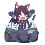  &gt;_&lt; 1girl :d absurdres aiee animal_ear_fluff animal_ears arknights arms_up bag cat_ears chibi choker duffel_bag gloves highres long_hair melantha_(arknights) open_mouth redhead smile sword weapon xd 