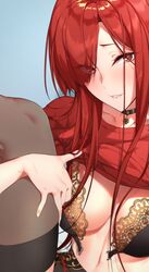  1girl bangs blush breasts contemporary fate/grand_order fate_(series) hair_over_one_eye k52 koha-ace large_breasts long_hair looking_at_viewer oda_nobunaga_(fate)_(all) oda_nobunaga_(maou_avenger)_(fate) parted_lips red_eyes redhead smile solo 