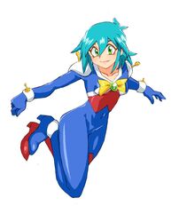  1girl allenby_beardsley blue_bodysuit blue_hair bodysuit breasts closed_mouth commentary_request covered_navel g_gundam gloves graphite_(medium) green_eyes groin gundam looking_at_viewer millipen_(medium) mobile_trace_suit multicolored multicolored_bodysuit multicolored_clothes onnaski short_hair simple_background skin_tight smile solo traditional_media white_background 