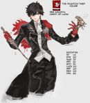  1boy adapted_costume amamiya_ren capelet chain character_name coat cowboy_shot crossover dagger english_text fire_emblem fire_emblem:_three_houses gun handgun highres medallion overcoat persona persona_5 pistol simple_background weapon yrfreakyneighbr 