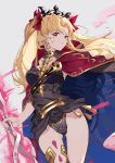  1girl absurdres bangs black_dress blonde_hair bow breasts cape commentary_request dress earrings ereshkigal_(fate/grand_order) eyebrows_visible_through_hair fate/grand_order fate_(series) fingernails gold_trim hair_bow hair_ornament highres holding hood hood_down jewelry long_hair looking_at_viewer medium_breasts meslamtaea_(weapon) nail_polish parted_lips red_eyes shijiuqaq short_dress simple_background skull spine thighs tiara tied_hair twintails 