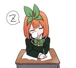  1girl bangs black_jacket blazer blush bow closed_eyes collared_shirt commentary_request desk eyebrows_behind_hair facing_viewer go-toubun_no_hanayome green_bow green_ribbon hair_ribbon head_tilt holding holding_pencil jacket kujou_karasuma long_sleeves nakano_yotsuba nose_bubble orange_hair pencil plaid plaid_bow ribbon school_desk school_uniform shirt simple_background sleeping sleeves_past_wrists solo spoken_zzz upper_body white_background white_shirt 