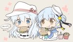  2girls aqua_neckwear black_ribbon black_sailor_collar blue_eyes blue_hair blue_sailor_collar brown_eyes commentary_request dixie_cup_hat double_bun drink eating fang floral_background food french_fries hamburger hammer_and_sickle hat hat_ribbon hibiki_(kantai_collection) hizuki_yayoi kantai_collection lavender_background long_hair long_sleeves military_hat multiple_girls neckerchief pleated_skirt ribbon sailor_collar samuel_b._roberts_(kantai_collection) school_uniform serafuku shirt short_hair silver_hair skirt upper_body verniy_(kantai_collection) white_shirt yellow_eyes 