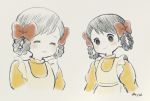  1girl apron ayu_(mog) black_hair blush bow braid bright_pupils brown_eyes closed_mouth dress english_commentary grey_background hair_bow looking_at_viewer mixed-language_commentary original red_bow simple_background smile spot_color twin_braids white_apron yellow_dress 
