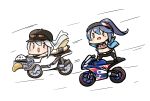  2girls alternate_costume azur_lane bangs baseball_cap blue_hair chibi clothes_around_waist commentary_request enterprise_(anniversary_ride)_(azur_lane) enterprise_(azur_lane) essex_(a_trip_down_route_66)_(azur_lane) essex_(azur_lane) eyebrows_visible_through_hair eyewear_on_headwear ground_vehicle hair_between_eyes hat headband highres jacket jacket_around_waist kagami_(kagamina) long_hair motor_vehicle motorcycle multiple_girls navel on_motorcycle open_clothes open_jacket open_mouth ponytail shirt sidelocks silver_hair simple_background standing_on_object sunglasses violet_eyes white_background white_shirt yellow_eyes 