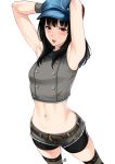  1girl armpits arms_up badge belt bike_shorts bike_shorts_under_shorts black_hair blush brown_eyes cabbie_hat commentary crop_top final_fantasy final_fantasy_vii final_fantasy_vii_remake hat highres kyrie_canaan medium_hair navel open_mouth short_shorts shorts simple_background sleeveless solo stomach thigh-highs xtermination 