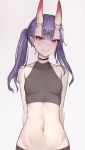  1girl alternate_hairstyle arms_behind_back bangs bare_arms bare_shoulders black_shirt breasts choker commentary_request crop_top eyebrows_visible_through_hair eyeshadow fate/grand_order fate_(series) grey_background grin groin headpiece highres horns long_hair looking_at_viewer makeup midriff navel oni oni_horns purple_hair sherryqq shirt shuten_douji_(fate/grand_order) simple_background sleeveless sleeveless_shirt small_breasts smile solo stomach thick_eyebrows twintails upper_body violet_eyes 