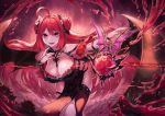  1girl black_wings breasts demon_girl demon_wings doku-chan_(dokkudokudoku) flower highres king&#039;s_raid large_breasts long_hair looking_at_viewer red_eyes redhead rose smile solo thigh-highs wings 