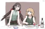  1956 2girls ak47_(girls_frontline) angry belt blonde_hair blue_eyes bottle brown_background brown_eyes brown_hair chair chopsticks cup dog_tags dumpling eating food fork girls_frontline green_pants green_shirt green_tank_top hair_ornament jiaozi long_hair mandarin_collar multiple_girls open_mouth pants plate rampart1028 shirt sitting sleeveless sleeveless_shirt standing star star_hair_ornament sweat table tank_top tattoo twintails type_56_assault_rifle_(girls_frontline) 