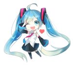  1girl :d absurdly_long_hair ahoge black_legwear black_skirt blue_eyes blue_hair chibi collared_shirt detached_sleeves eyebrows_visible_through_hair hand_up hatsune_miku heart long_hair long_sleeves looking_at_viewer necktie one_eye_closed open_mouth pleated_skirt red_neckwear round_teeth salute shirt skirt smile sogawa solo teeth thigh-highs twintails upper_teeth very_long_hair vocaloid white_shirt wing_collar 