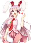  1girl :d animal_ears breasts carrot commentary_request cowboy_shot happy kue kune-kune large_breasts long_hair necktie open_mouth pink_shirt pink_skirt puffy_short_sleeves puffy_sleeves purple_hair rabbit_ears red_eyes red_neckwear reisen_udongein_inaba shirt short_sleeves skirt smile touhou urban_legend_in_limbo very_long_hair 