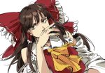  1girl ascot bow brown_eyes brown_hair covering_mouth detached_sleeves dutch_angle frilled_bow frills hair_bow hair_tubes hakurei_reimu hand_over_own_mouth long_hair long_sleeves looking_at_viewer red_bow red_vest ruukii_drift simple_background solo touhou upper_body vest white_background yellow_neckwear 