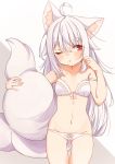  1girl absurdres animal_ear_fluff animal_ears ass_visible_through_thighs bangs blush bow bow_bra bow_panties bra breasts collarbone commentary_request eyebrows_visible_through_hair fox_ears fox_girl fox_tail grey_background groin hair_between_eyes hands_up highres long_hair minato_yu0 navel one_eye_closed original panties parted_lips red_eyes short_eyebrows silver_hair small_breasts solo strap_slip tail thick_eyebrows two-tone_background underwear very_long_hair white_background white_bra white_panties 