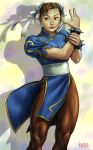  1girl bracelet breasts brown_eyes brown_hair bun_cover china_dress chinese_clothes chun-li closed_mouth double_bun dress jewelry matataku muscle muscular_female pantyhose short_hair solo spiked_bracelet spikes street_fighter street_fighter_ii_(series) 