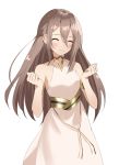  1girl adele_(fate) armlet bare_shoulders blush breasts brown_hair closed_eyes closed_mouth collarbone commentary dress fate/grand_order fate_(series) hair_between_eyes highres long_hair medium_breasts simple_background smile solo tsukise_miwa white_background white_dress 