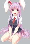  1girl :d animal_ears bangs black_vest blush breasts commentary_request eyebrows_visible_through_hair grey_background kue large_breasts long_hair looking_at_viewer miniskirt necktie open_mouth pink_skirt pleated_skirt purple_hair rabbit_ears red_eyes red_neckwear reisen_udongein_inaba seiza shirt short_sleeves sidelocks simple_background sitting skirt smile solo thighs touhou very_long_hair vest white_shirt 