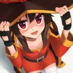  1girl belt brown_hair cape dress fingerless_gloves gloves half-closed_eyes hand_on_headwear hat highres kono_subarashii_sekai_ni_shukufuku_wo! long_sleeves looking_at_viewer megumin red_eyes smile solo witch_hat 