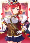  1girl :q blue_skirt breasts commentary_request crown facial_tattoo fur_trim gloves hair_ornament hand_on_hip heart heart_tattoo highres holding holding_scepter looking_at_viewer love_live! love_live!_school_idol_project medium_breasts nishikino_maki nonono petals red_ribbon redhead ribbon scepter short_hair skirt smile solo tattoo tongue tongue_out violet_eyes white_gloves 